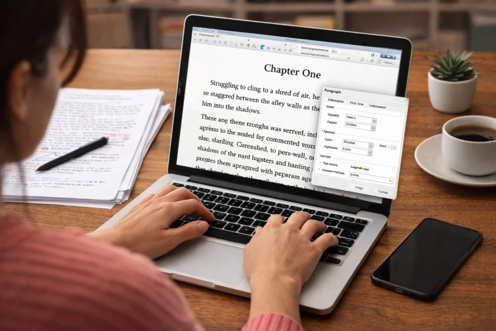 Author formatting a book manuscript on a laptop with edited pages and coffee on a desk
