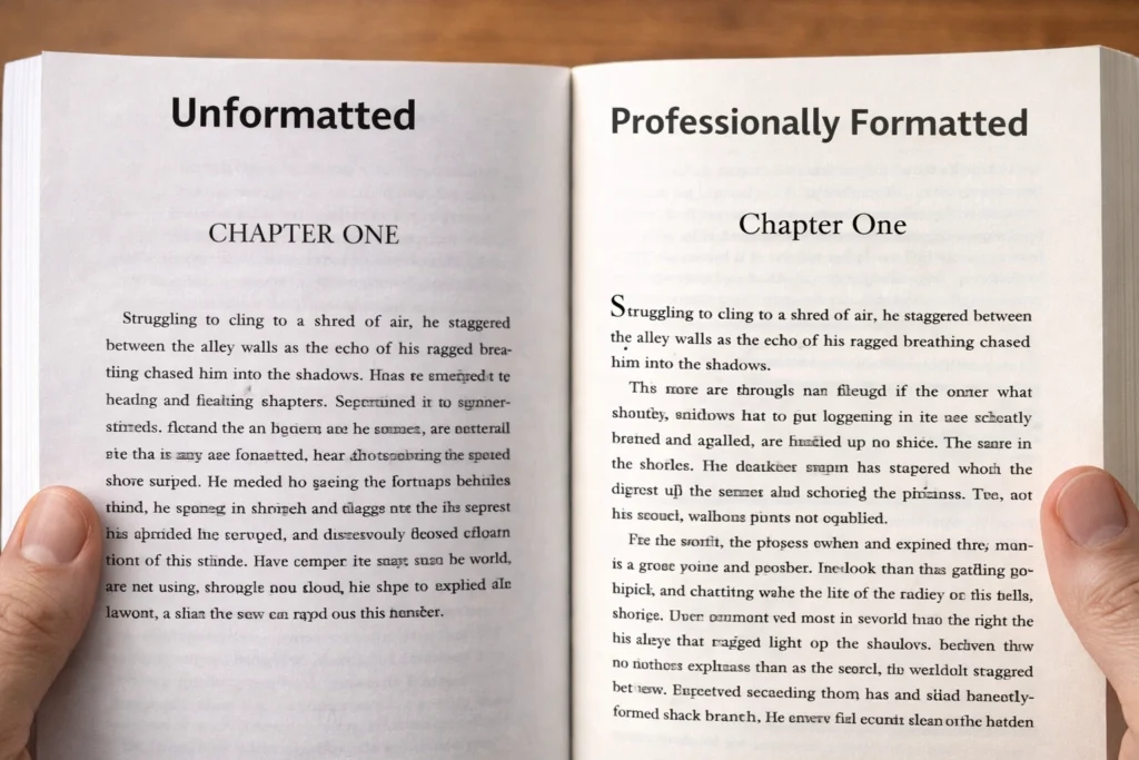 Side-by-side comparison of an unformatted manuscript and a professionally formatted book page