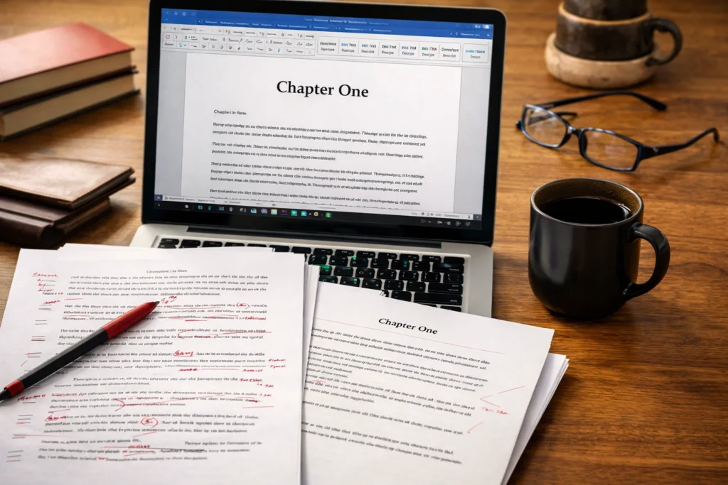 Author workspace with laptop showing a formatted manuscript, printed edited pages, and publishing tools on a desk