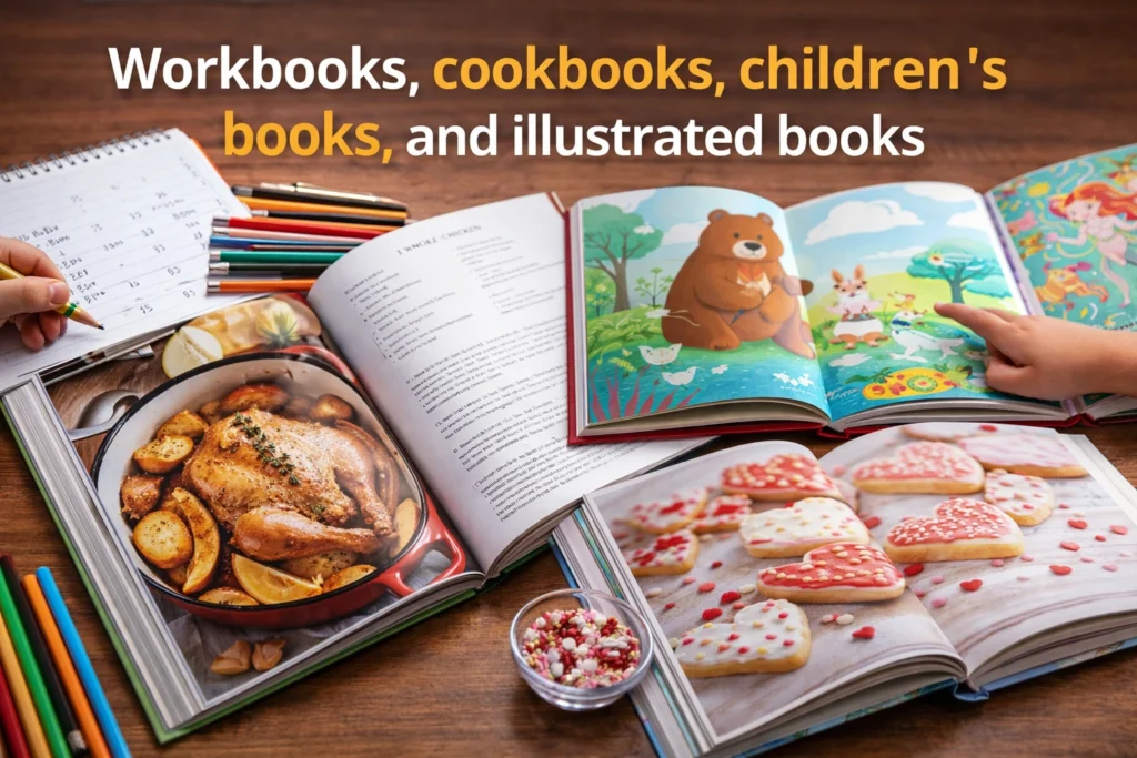 Workbooks, cookbooks, children’s books, and illustrated books